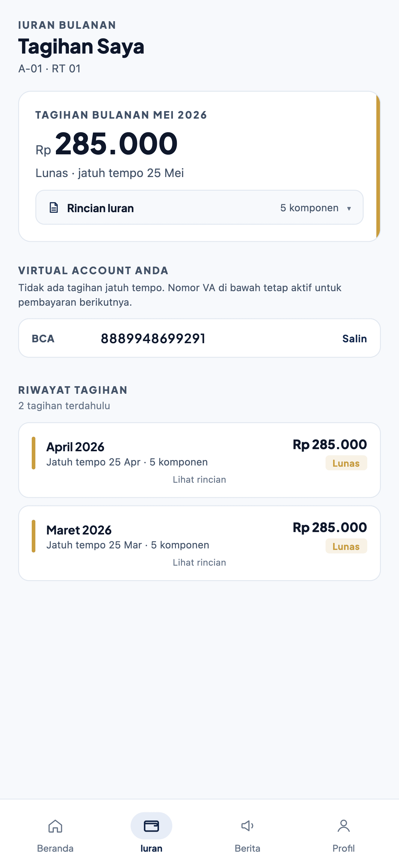 Aplikasi warga KantorRTRW menampilkan tagihan iuran bulanan